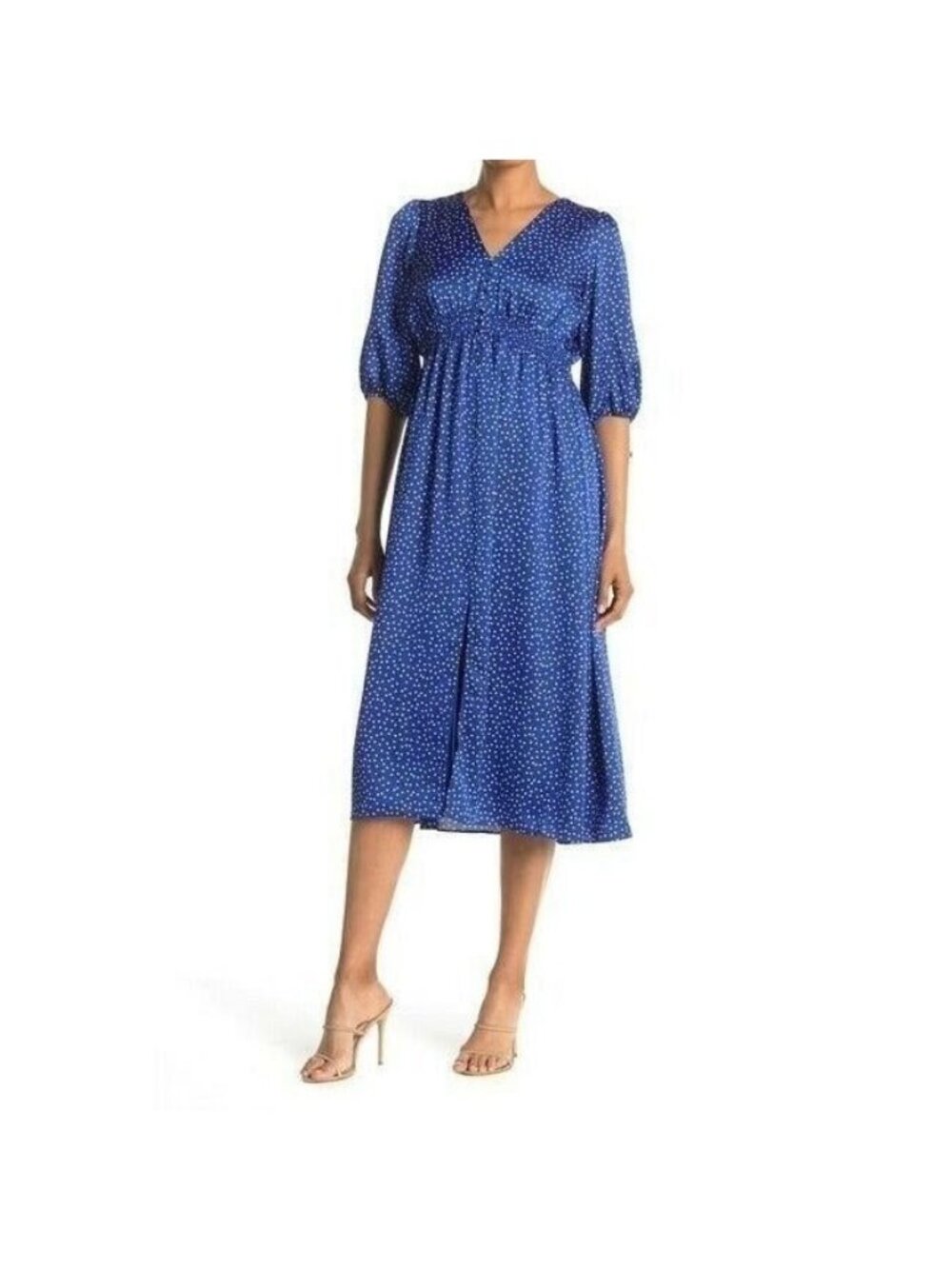 Taylor Women Blue Polka Dot Midi With Elastic Waist & Tie Sleeves Dress Size 8